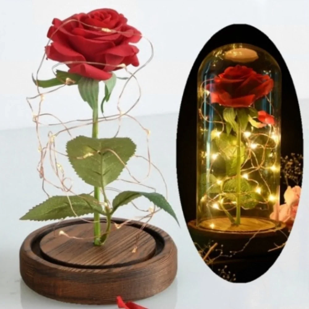Enchanted LED Light Artificial Eternal Rose In Glass Dome With Wooden Base Decor
